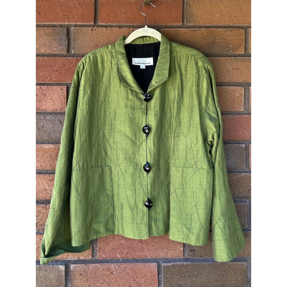Caroline Rose Embroidered Jacket Wearable Art Leaf | Green | Womens Size Large